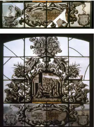 15. kép. Német  üvegfestmény  braunlot  festéssel  (1679),  Róth  Miksa gyűjteményéből