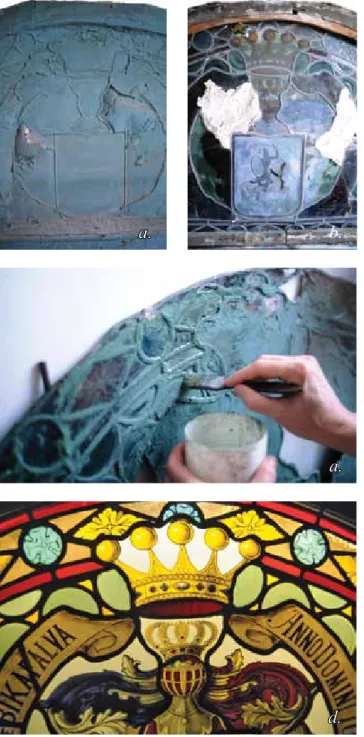 2. kép.  Műemléki helyreállítás során előkerült, a II. világháború  után  eltüntetés  céljából  zománcfestékkel  lefestett  üvegfestmény