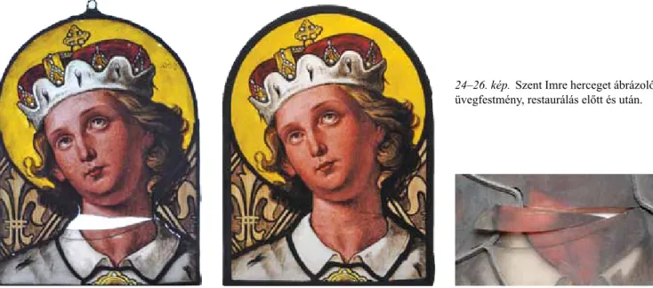 24–26. kép.  Szent Imre herceget ábrázoló  üvegfestmény, restaurálás előtt és után.