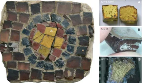 4. kép.   Geometrikus  motívumot  ábrázoló  töredék  az  egykori  székesfehérvári  mozaikból  két  eltérő arany tessera típussal („A”, „B”)