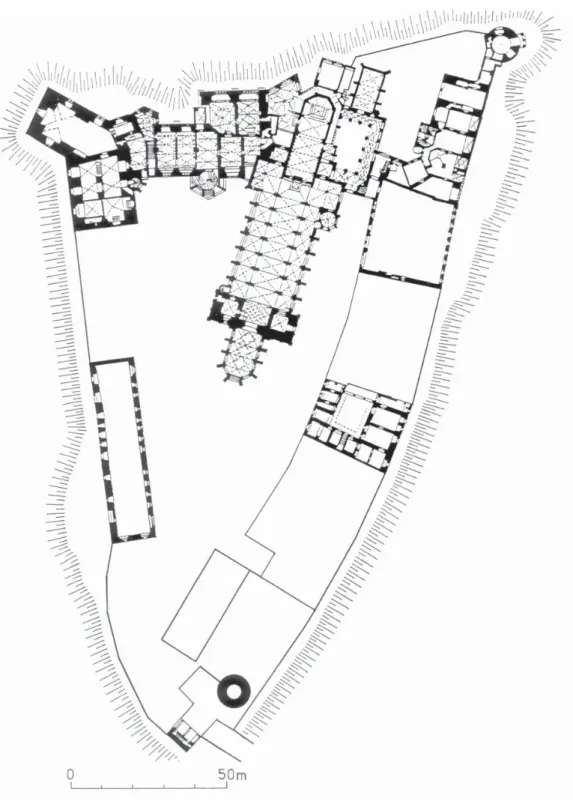 Abb. 1: Meißen, Bebauung des Burgbergs in der Zeit der Spätgotik. Die Bauten von links nach rechts: 