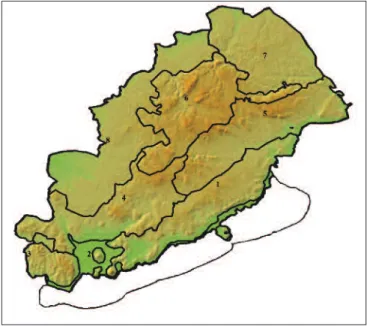 1. ábra A Bakony-vidék vizsgált tájai, a vegetációs középtájak (M OLNÁR et al. 2008) határaival