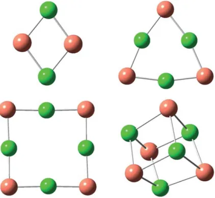 A molekulák szerkezetét a 6. ábra mutatja. A dimer szerkezete rombusz  alakú négyes gyűrű, a trimeré pedig hatos gyűrűs szerkezet