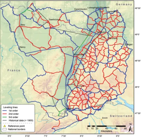 Fig. 1: Merged tri-national levelling network in the Upper Rhine Graben region (Fuhrmann et al., 2014)