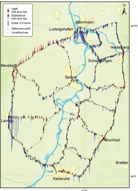 Fig. 2: Levelling results in the test network Speyer, in the northwestern part of the URG