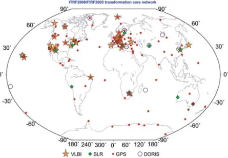 Fig. 3: Site distribution of the ITRF2008 global network highlighting VLBI, SLR and DORIS sites co-located  with GPS (Altamimi et al