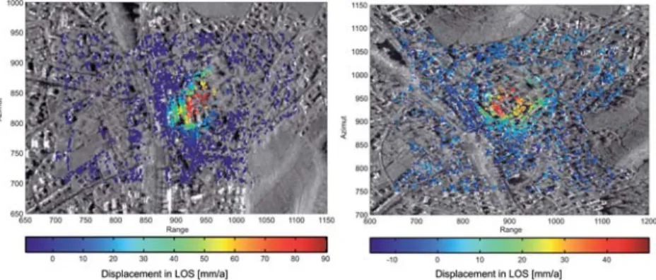 Fig. 7: Results of PSI processing of SAR images for the city of Staufen related to ascending and descending  orbits (Schenk and Westerhaus, 2012)