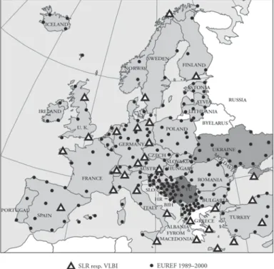 7. ábra. Az EUREF-hálózat pontjai (a 2001. évi helyzetnek megfelelően)