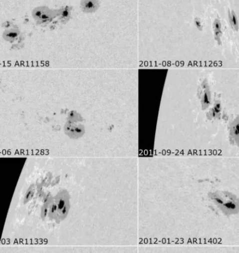 1. ábra. A 24. ciklus néhány aktívabb napfoltcsoportja a nagyobb flerek napjain. AR11158: az elsõ X kategóriás fler (X2.2); AR 11263: X6.9/2B, 2012