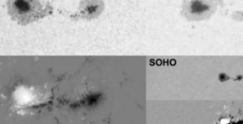 7. ábra. A megfigyelési technika fejlõdése 10–15 év alatt: Az SDO HMI felvétele egy kisebb nap- nap-foltcsoportról 2010 márciusának utolsó napjaiban, összehasonlítva a TRACE és a SOHO MDI  felvé-teleivel