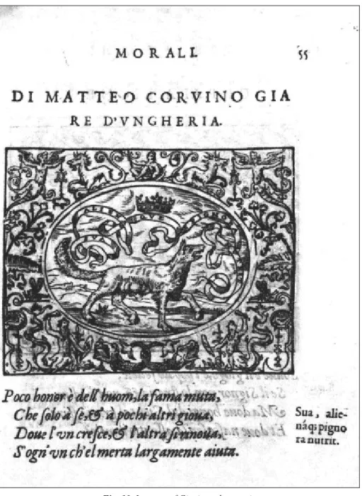 Fig. 10. Impresa of Giovio and quatrain   of Simeoni on King Matthias Corvinus of Hungary   (Giovio[–Simeoni], 1561 (Le Sententiose, Lyon), 55.) 