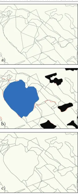 12. ábra.  Topológiai  és  tematikai  javítások  az  egyesí- egyesí-tett térképen: a) az egyesíegyesí-tett térkép részlete  a  töredékpoligonokkal,  b)  töredékpoligonok  eltávolítása (piros vonal), felülírás a CORINE  térkép vízfelületeivel (kék), felülír