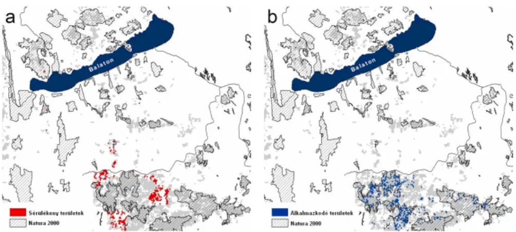 37. ábra.  Sérülékeny és átalakuló területek a dél-dunántúli gyertyános-kocsánytalan tölgyesek (K2) eseté- eseté-ben, és ezek összevetése a Natura 2000 területekkel