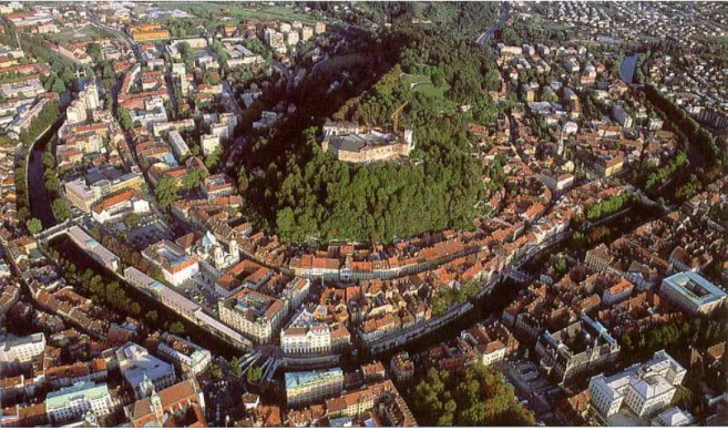 Fig. 1: An aerial view of the historic centre of Ljubljana with the castle hill. 