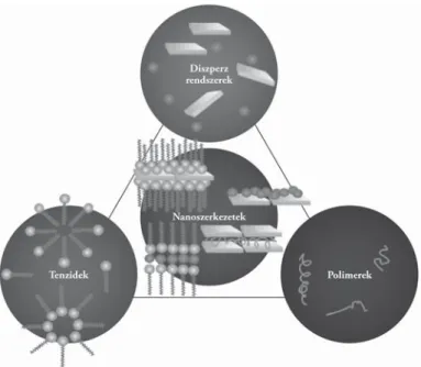 13. ábra. A kolloidháromszög: diszperz rendszerek, tenzidek és makromolekulák kombinációjával  előállítható nanoszerkezetek