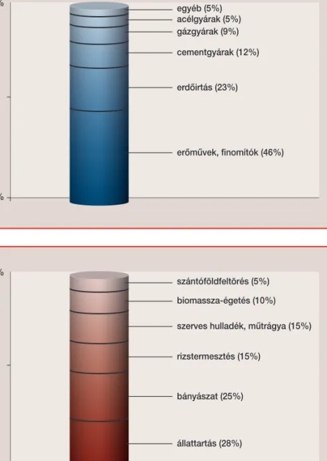 6. ábra. A metán antropogén  forrásaierômûvek, finomítók (46%)erdôirtás (23%)cementgyárak (12%)gázgyárak (9%)acélgyárak (5%)egyéb (5%)100%0%állattartás (28%)bányászat (25%)rizstermesztés (15%)