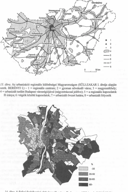 14. ábra. A fizikai foglalkozású aktív keresők aránya Budapesten,  1990 (szerk. KOVÁCS Z.)