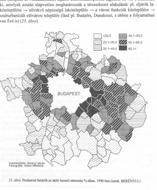 23. ábra. Budapesti bejárók az aktív kereső néctesséa %-ában.  1990-ben (szerk. BERÉNYI I.)