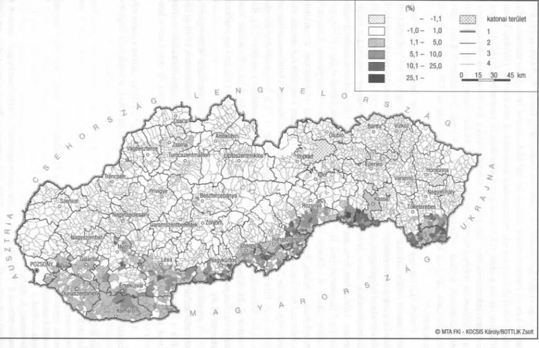 19. ábra. A magyar anyanyelvűek és nemzetiségűek arányának különbözete Szlovákiában 2001-ben