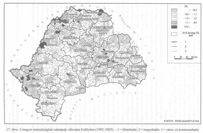 27. ábra. A magyar nemzetiségűek számának változása Erdélyben (1992-2002). -   1  = államhatár; 2 = megyehatár; 3 = város- és kommunahatár