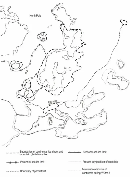 Fig.  2.  Extension  of  the  inland  ice  sheet  and  the  southern  boundary  of  permafrost  in  Europe, during the maximum cooling of the last glaciation (after Frenzel et ál
