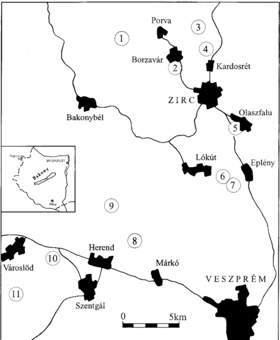 1. ábra: A vizsgált bakonyi lelőhelyek földrajzi elhelyezkedése  ( S ü m e g kivételével)
