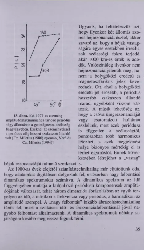 13. ábra.  Két  1977-es esemény  amplitudómaximumához tartozó periódus  négy állomáson a geomágneses  szélesség  függvényében