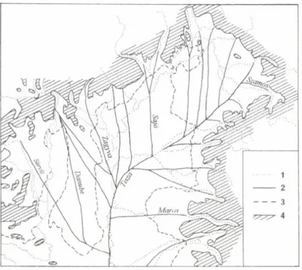 Fig.  1.   The  drainage  system  at  the  Upper  Pleniglacial.  -   1  =  present  day  river  courses;  2  =   ancient  rivers;  3 =  contour-line o f the  100 m a.s.l.;  4 =  hills  and mountains  above  200 m