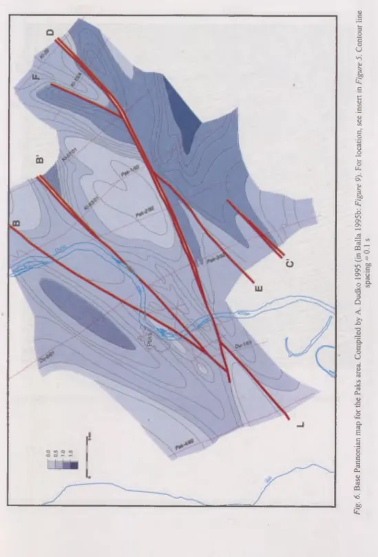 Fig. 6.Base Pannonian mapfor the Paks area. Compiled byA. Dudko1995(inBalla1995b:Figure9).Forlocation, see insert in Figure5.Contour line spacing= 0.1 s