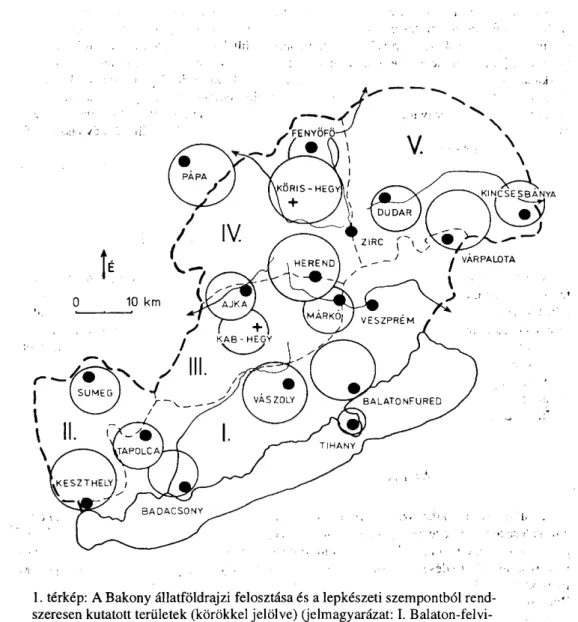 1. térkép: A Bakony állatföldrajzi felosztása és a lepkészeti szempontból rend­