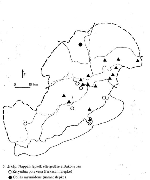 5. térkép: Nappali lepkék elterjedése a Bakonyban  O Zerynthia polyxena (farkasalmalepke)  0 Colias myrmidone (narancslepke) 