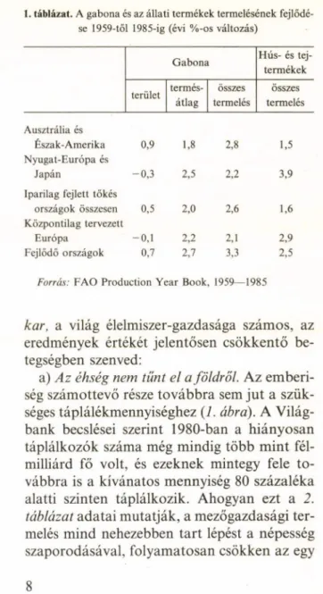 1. táblázat. A gabona és az állati termékek termelésének fejlődé­