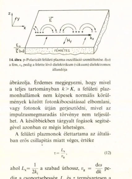 14. ábra. p-Polarizált felületi plazm a oszcilláció szemléltetése. a(a&gt;)  a fém, E q  pedig a felette lévő dielektrikum  (vákuum) dielektrom os 