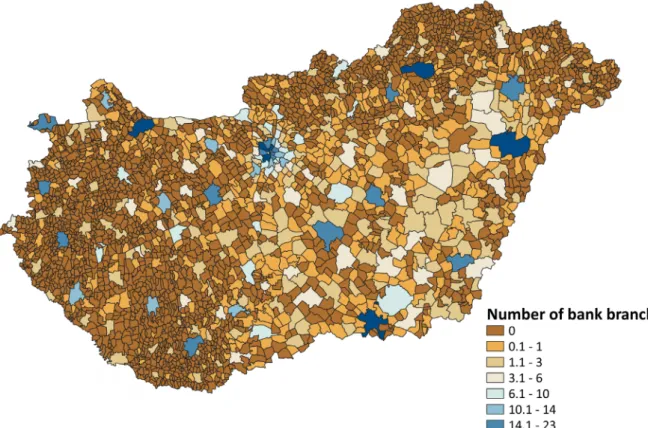 Figure 1. Number of bank branches in Hungarian settlements (2020). 