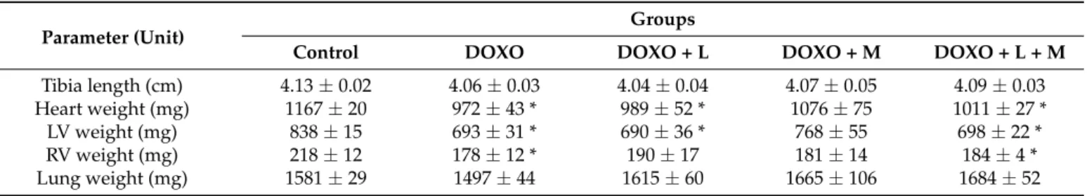 Table 4. Effects of losartan, mirabegron, and their combination on tibia length, heart, and lung weights in our DOXO-induced chronic cardiotoxicity model at week 9.