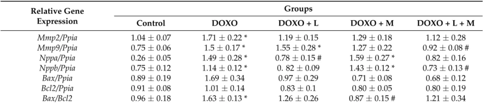 Table 5. The effects of losartan, mirabegron, and their combination on left ventricular expression of matrix metalloprotease-2 and -9, natriuretic peptides A and B, and apoptotic markers at the mRNA level in our DOXO-induced chronic cardiotoxicity model at