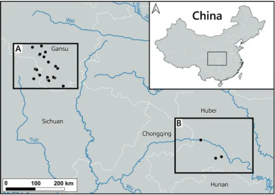 Figure 2. Distribution of the genus Laeocathaica in China A see Figs 8, 11, 17, 24 for details B see  Fig