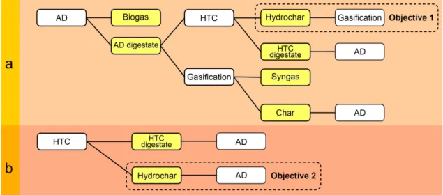 Fig. 1. A schematic diagram representing the recently investigated combinations of anaerobic digestion (AD) and hydrothermal carbonization (HTC) and those evaluated in the current study