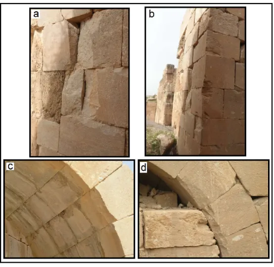 Fig. 7. Chipped corners and edges of stones: a+ b) Back part of the western orchestra gate, c)  845 Front part of the western orchestra gate, d) Some parts of the eastern orchestra gate