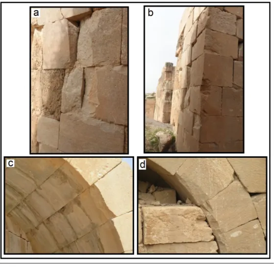 Fig. 7. Chipped corners and edges of stones: a+ b) Back part of the western orchestra gate, c)  855 Front part of the western orchestra gate, d) Some parts of the eastern orchestra gate
