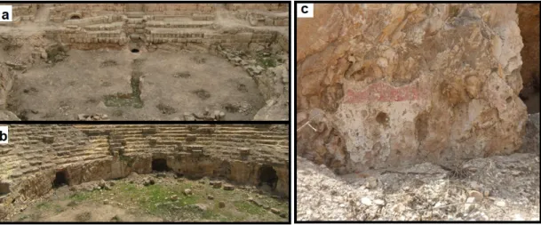 Fig.  10.  a)  Photo  of  the  orchestra  from  south  shows  the  removed  front  part  of  the  stage  874 proscaenium, remnants of the two curved walls outlining the arena of the amphitheatre and a  875 median N-S canal (L-shape) across the floor