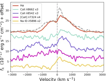 Figure 6. Velocities of prominent emission lines in the 2019 November LBT spectrum. Most lines have been multiplied by a constant