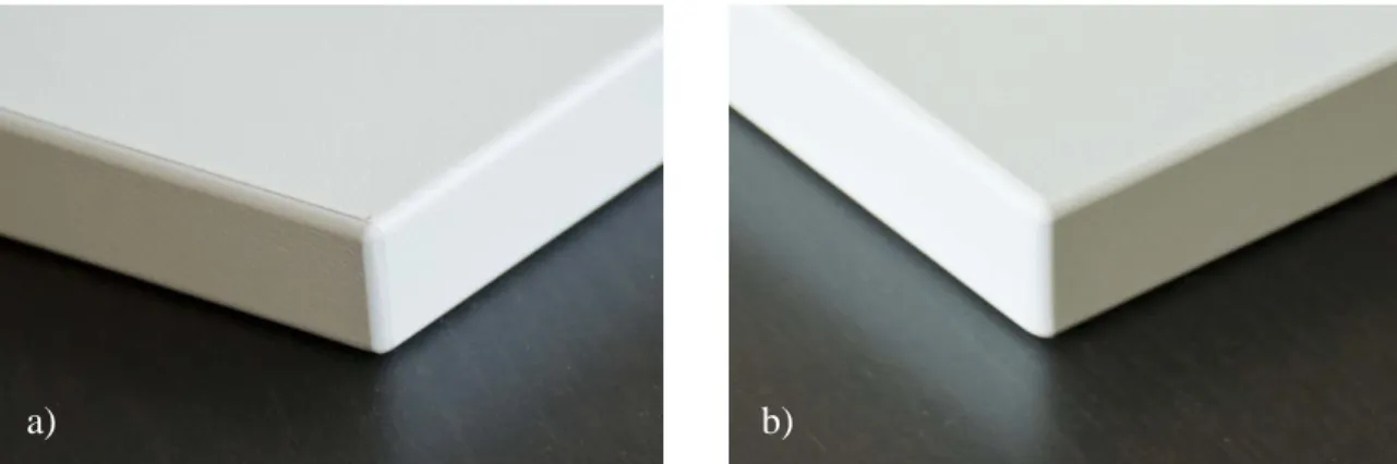 Figure 1. Aesthetic comparison of conventional (a) and zero-joint (b) ABS edgebanding  The first main goal of this research was to examine how moisture affects the durability and  aesthetics of edgebanded panels