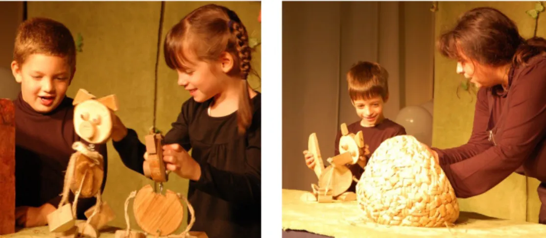 1. és 2. kép: Közös játék a Zuglói Bábfesztiválon, 2013  Fotók: Gladys Zoltán