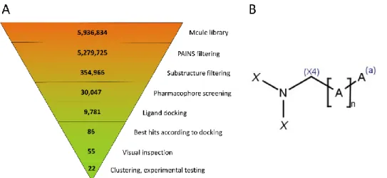 Figure 3. (A) Virtual screening workflow, with the number of compounds at each step indicated