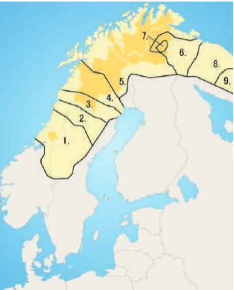2. kép. A számi nyelvek Norvégia, Svédország, Finnország és részben Oroszország  térképén