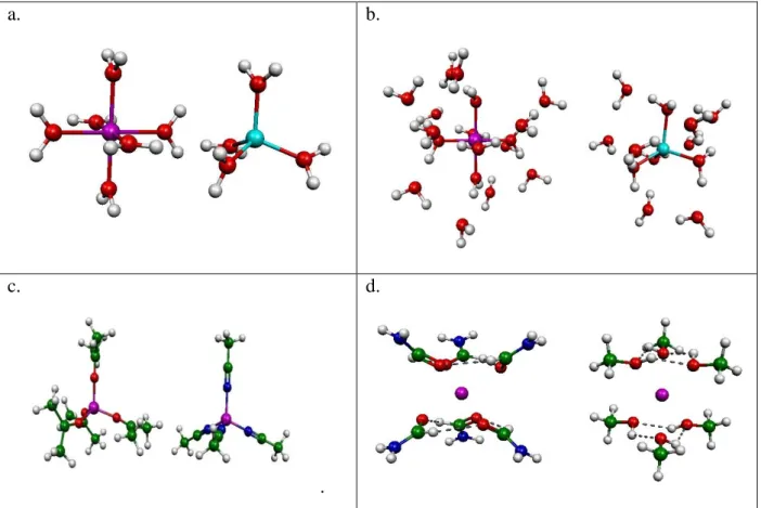 Fig. 1. M..n-water investigated complexes: a: Octahedral and tetrahedral arrangements of  water molecules around the metal cation, b: Arrangement of water molecules in the second  shell of metal ion in M..(n-water+m-water, n=4,6 and m=8,12 respectively)c: 