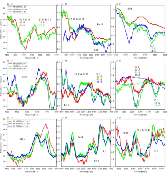Figure 10. Zoomed insets of the spectra of SNe 2005hk, 2010ae, and 2019muj plotted in Fig