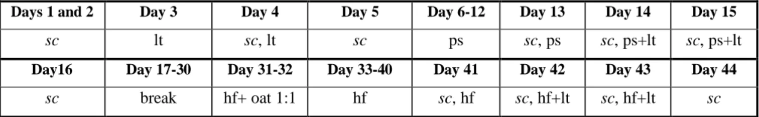 Table  1.  Layout  of  the  experiment:  sc-sample  collection  (morning);  lt-litter  treatment  (Greenman  Animal)  (evening);  ps-probiotic  supplement (Greenman Probio); hf-horse feed (Pavo 18Plus) 