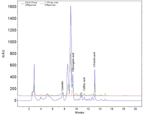 Fig. 2. Chromatograms of organic and conventional peels of Pala-49 eggplant cultivar (OPE peel and CPE peel , respectively)